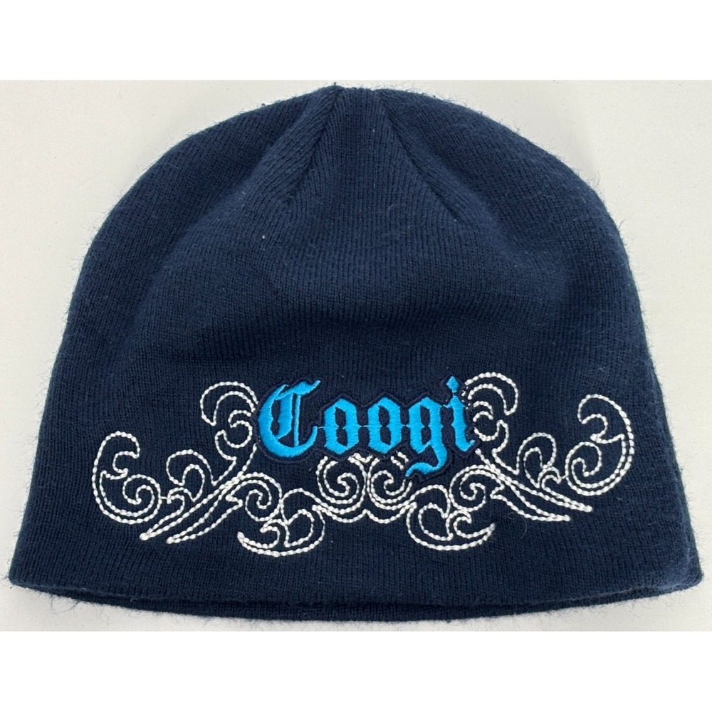 Coogi Beanie Hat Mens Navy Blue Knitted Embroidered Logo Filigree Detail Vintage